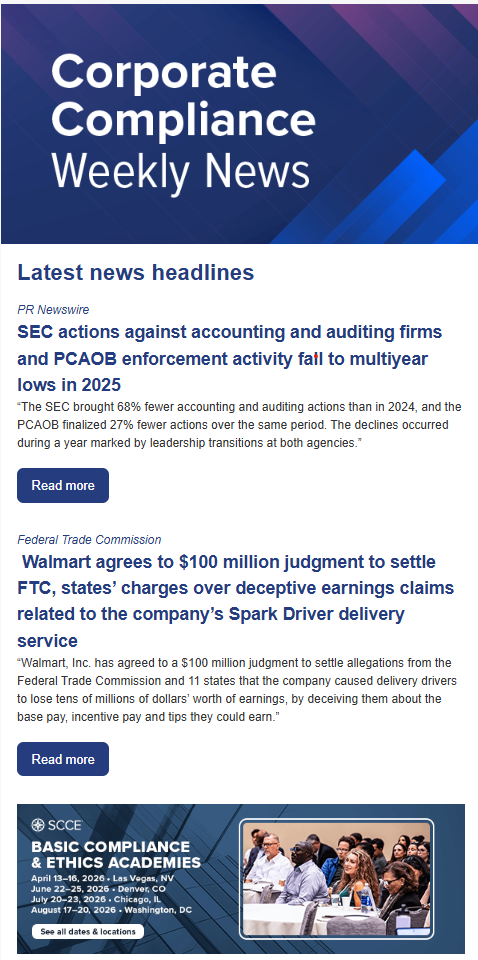 Corporate compliance news newsletter from SCCE